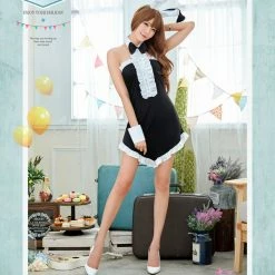 Anna Mu Lingeriecats Halloween Sexy Black Bunny 5 Piece Costume -White Ears