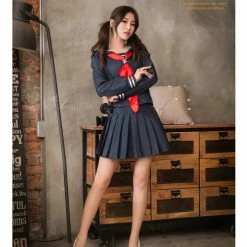 Anna Mu Lingeriecats Halloween Classic Blue School Student Girl Uniform With Red Tie In 3 Pieces. School Girl