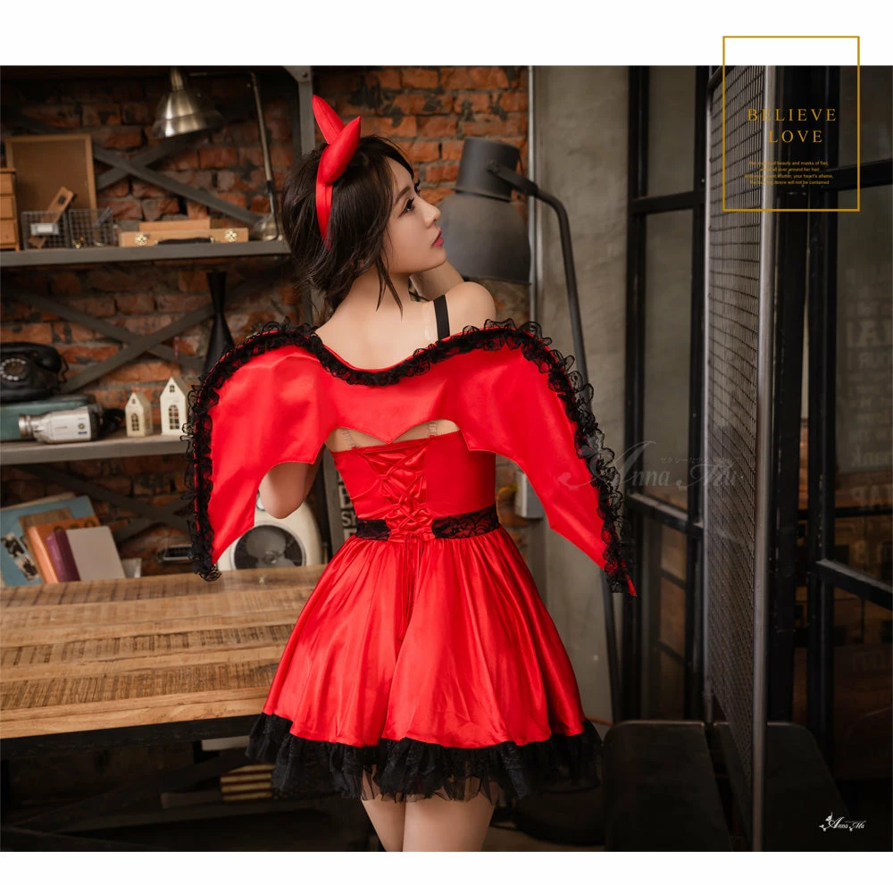 Anna Mu Costumes Lingeriecats Halloween Sexy Cute Hot Red Devil Demon 4-Pieces Costume For Girl - With Wings 6 Anna Mu Costumes Lingeriecats Halloween Sexy Cute Hot Red Devil Demon 4-Pieces Costume For Girl - With Wings