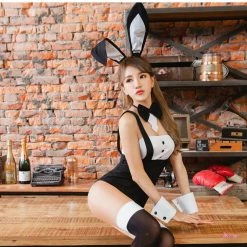 Anna Mu Lingeriecats Halloween Sexy Black Bunny 6 Piece Costume - White Ear