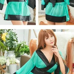 Anna Mu Lingeriecats Turkey Blue Base Black Edge Japanese Doll Kimono Costume Set Lingerie Set