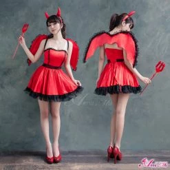 Anna Mu Costumes Lingeriecats Halloween Sexy Cute Hot Red Devil Demon 4-Pieces Costume For Girl - With Wings