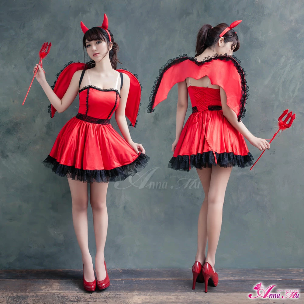 Anna Mu Costumes Lingeriecats Halloween Sexy Cute Hot Red Devil Demon 4-Pieces Costume For Girl - With Wings 2 Anna Mu Costumes Lingeriecats Halloween Sexy Cute Hot Red Devil Demon 4-Pieces Costume For Girl - With Wings