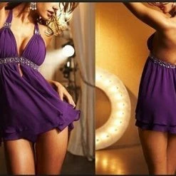 Wu Ya Babydoll Lingerie Sexy Backless Purple Lingerie Dress Slip