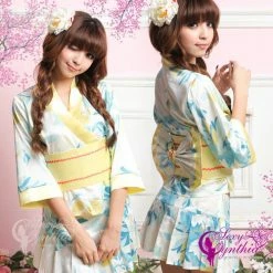 Wu Ya Cute Japanese Kimono Costume Flower Patterned Blue Costumes