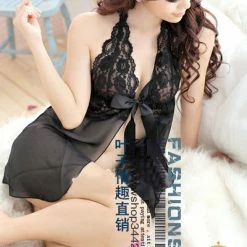 Green Sexy Backless Black Waist Ribbon Babydoll Lingerie Dress