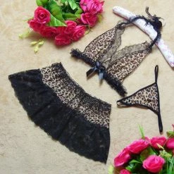 Wu Ya Lingerie Set Leopard Lingerie Bikini Bra And Skirt Set