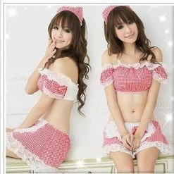Green Sexy Pink Maid Cosplay 6 Piece Lingere Dress