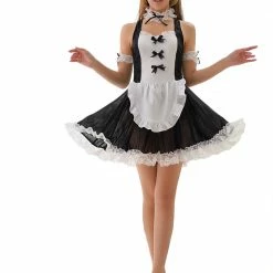 Anna Mu LINGERIECATS Black And White Bow Knots Lace Halter 4pcs Maid Costume Set Lingerie Set