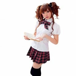 Anna Mu Costumes LINGERIECATS White Shirt Cottish Pattern Short Skirt 3pcs School Sweet Heart Cosplay Costume Set (Free Sport Pant Gift)