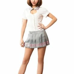 Anna Mu LINGERIECATS Sexy Grey Pinky 2pcs School Girl Uniform Cosplay Costume Set Lingerie Set