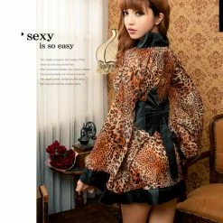 Anna Mu Lingeriecats Sexy Glamorous Leopard Japanese Kimono Outfit Cosplay Costume Set Lingerie Set