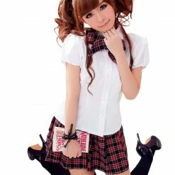 Anna Mu Costumes LINGERIECATS White Shirt Cottish Pattern Short Skirt 3pcs School Sweet Heart Cosplay Costume Set (Free Sport Pant Gift)