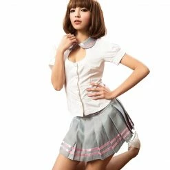 Anna Mu LINGERIECATS Sexy Grey Pinky 2pcs School Girl Uniform Cosplay Costume Set Lingerie Set