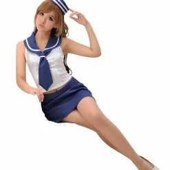 Anna Mu Costumes LINGERIECATS Navy Blue White Lace-up Sexy Back 4pcs Sailor Costume …