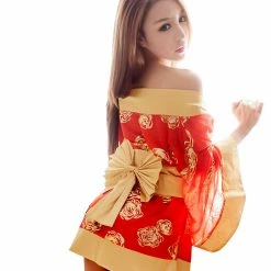 Anna Mu LINGERIECATS Sexy Golden Rose 3pcs Japanese Kimono Cosplay Costume Set Lingerie Set