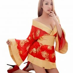 Anna Mu LINGERIECATS Sexy Golden Rose 3pcs Japanese Kimono Cosplay Costume Set Lingerie Set
