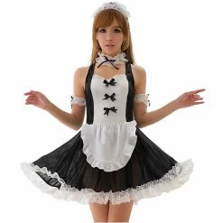 Anna Mu LINGERIECATS Black And White Bow Knots Lace Halter 4pcs Maid Costume Set Lingerie Set