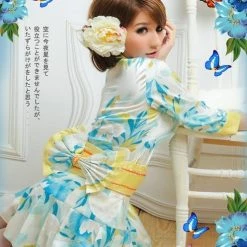 Wu Ya Cute Japanese Kimono Costume Flower Patterned Blue Costumes
