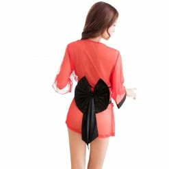 Anna Mu Lingeriecats Sexy Tangerine Mesh Semi-Transparent 3pcs Japanese Kimono Costume Costumes