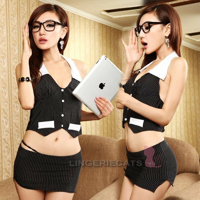 Wu Ya Costumes Hot Sexy Secretary Black Costume Cosplay 2 Pieces Outfit 4 Wu Ya Costumes Hot Sexy Secretary Black Costume Cosplay 2 Pieces Outfit