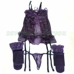 N/a Lingerie Set Hot Sexy Purple Lingerie Skirt With Stocking 3 Set