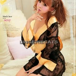Costumes Lingeriecats Sexy See-through Black Elegant Lace Sheer Kimono 3Pcs Costume With Golden Obi