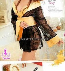 Costumes Lingeriecats Sexy See-through Black Elegant Lace Sheer Kimono 3Pcs Costume With Golden Obi