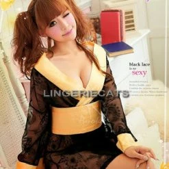 Costumes Lingeriecats Sexy See-through Black Elegant Lace Sheer Kimono 3Pcs Costume With Golden Obi