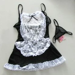 N/a Sexy Black Maid Babydoll Costumes Lingerie Dress+G-string Babydoll Lingerie